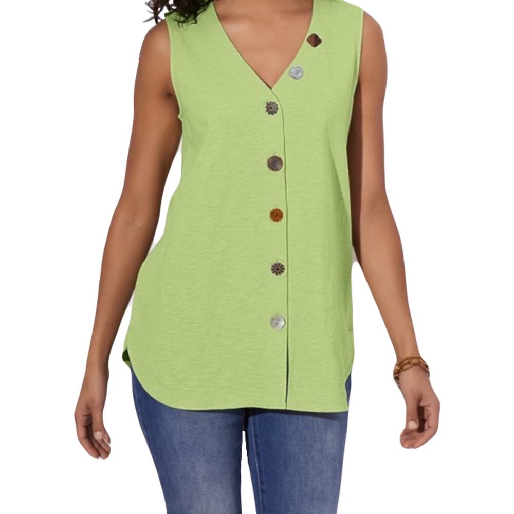 NWOT SOFT SURROUNDINGS Blouse L Green Metal-Buttons Sleeveless Curve-Hem “Delia”